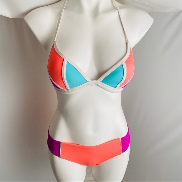 Victoria’s Secret PINK neon bikini coral aqua purple colorblock S/M - Picture 1 of 16